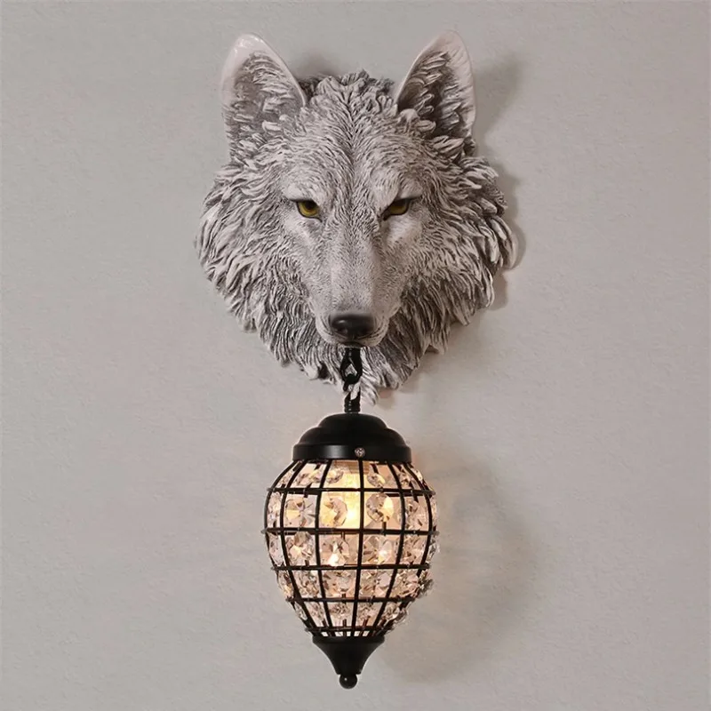 Vintage Resin Wolf Wall Lamp Led Crystal Wall Sconce Oprawy oświetleniowe do salonu Sypialnia Loft Wall Light Home Decor Luminaire