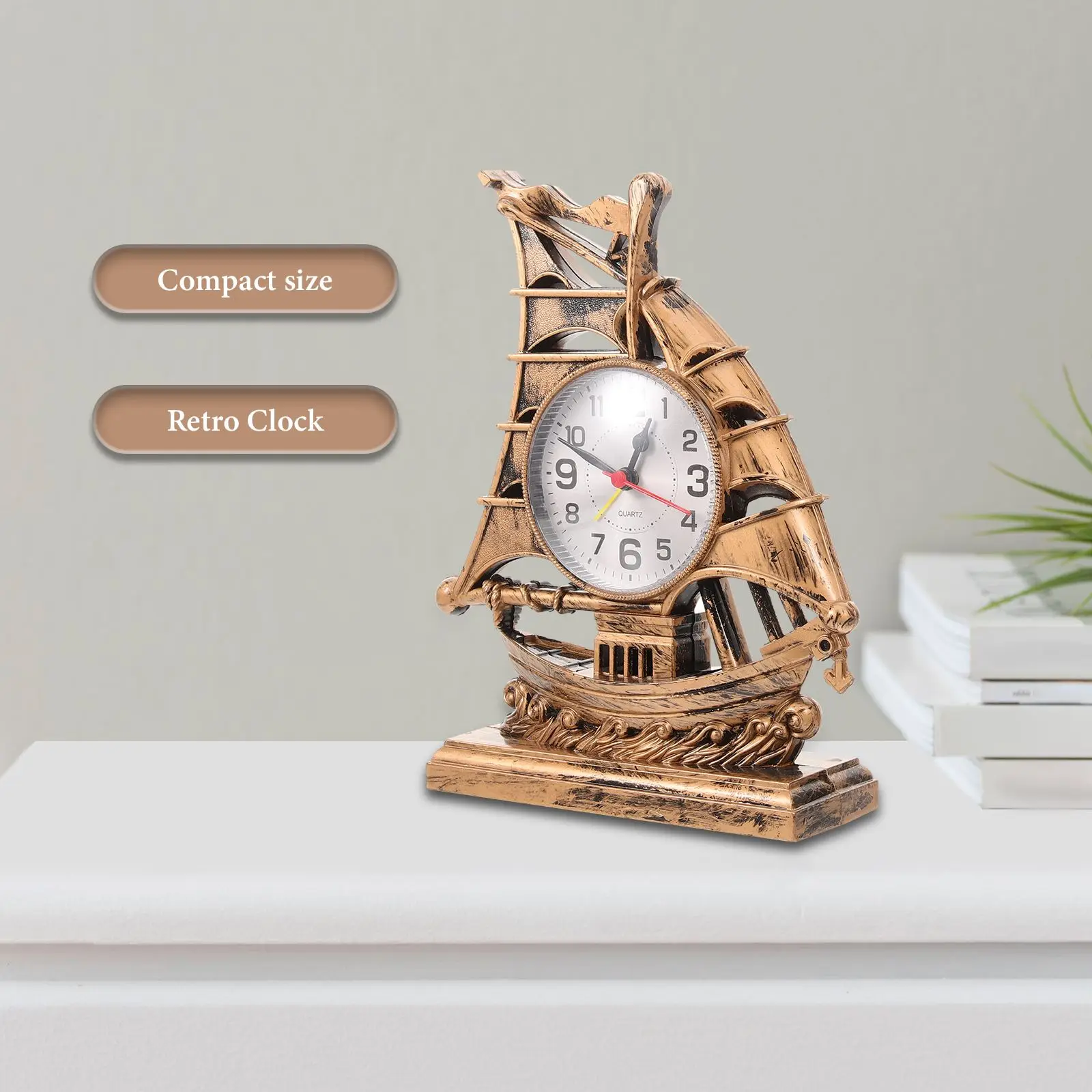 Clock Alarm Sailboat Table Vintage Desk Retro Model Ornament Clocks Nautical Figure Boat Bedside Silent Decoration Desktop Wall