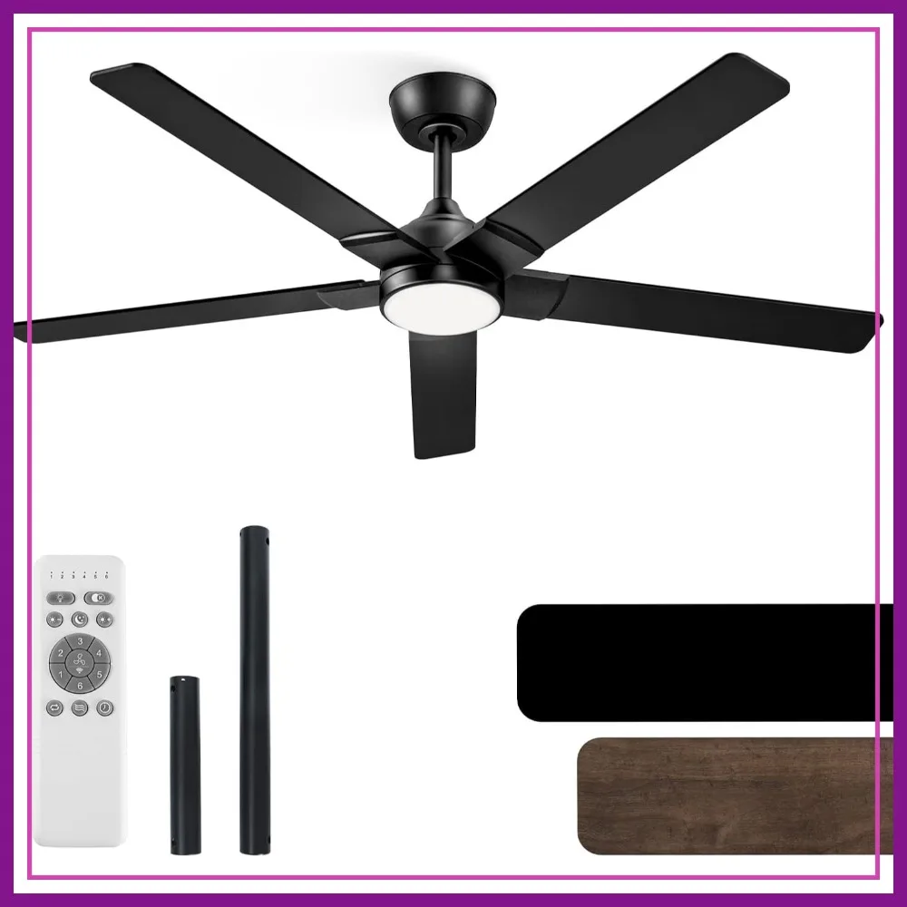 

52 Inch Ceiling Fan with Lights and Remote, Black DC Motor, 5 Blades, 6 Speeds, Indoor Outdoor