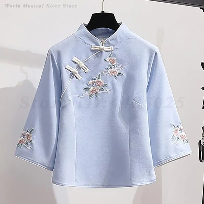New Chinese Style Retro Shirt Exquisite Embroidery Tang Clothes Tops Traditional Mandarin Collar Qipao Blouses Oriental Hanfu