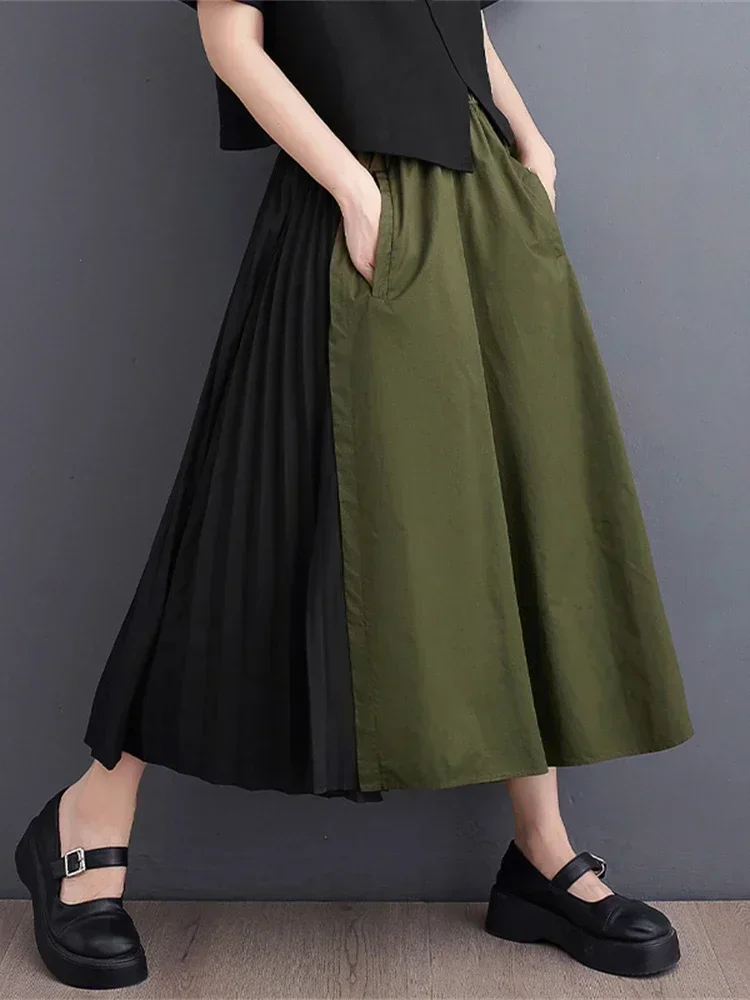 XITAO Women Pants Fashion New Small Fresh Pocket Pleated Elastic Waist Solid Color New Wide Leg Pants 2024 Summer WLD11629