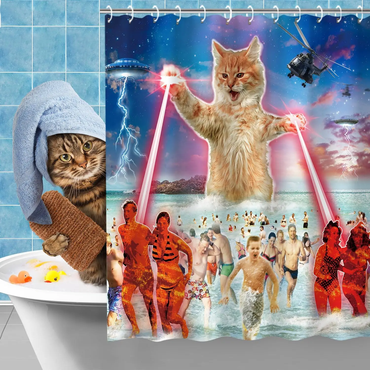 

Giant Orange Cat Shooting Laser Beams At Beach UFO And Helicopter Surreal Funny Print Decorative Shower Curtain