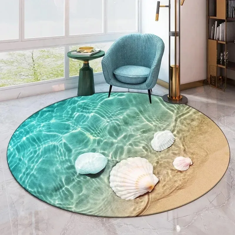 Seaside Beach-Themed Round Rug – Non-Slip Absorbent Floor Mat for Living Room, Bedroom & Bathroom Decor