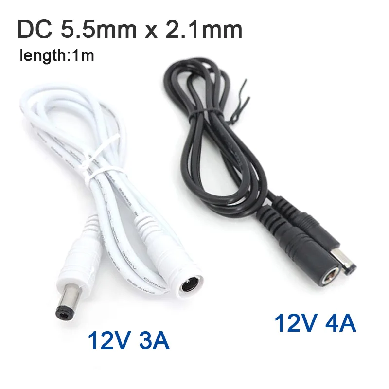 Adaptador de Cable de extensión para tira de luz, enchufe hembra a macho de 1m, 12V CC, 5,5mm x 2,1mm, blanco y negro