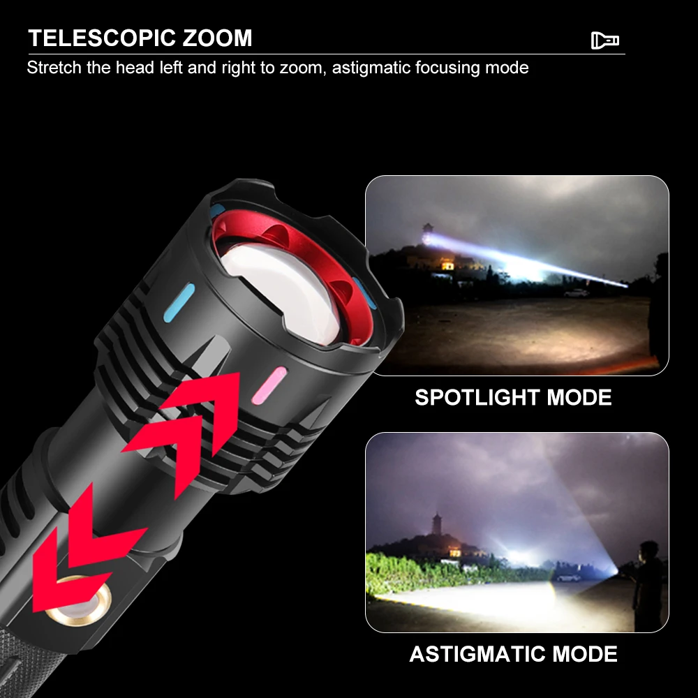 Asafee LED Flashlight 1500m Ultra Long Range 30W White Laser Focus Hand Torch Color Luminou Outdoor SOS Light