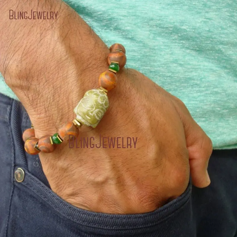 

Men Spiritual Tibetan Dzi Agate Stone Bracelet Stacking Semi Precious Green Spot Eye Jade Carved Buddha Accessories Boho Jewelry