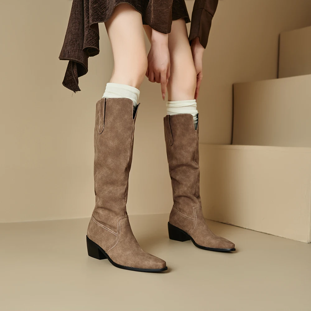  New Winter Mature Black Brown Women Knee High Boots 2 Inch High Heel Lady Formal Shoes Plus Small Big Size 32 10 46 48