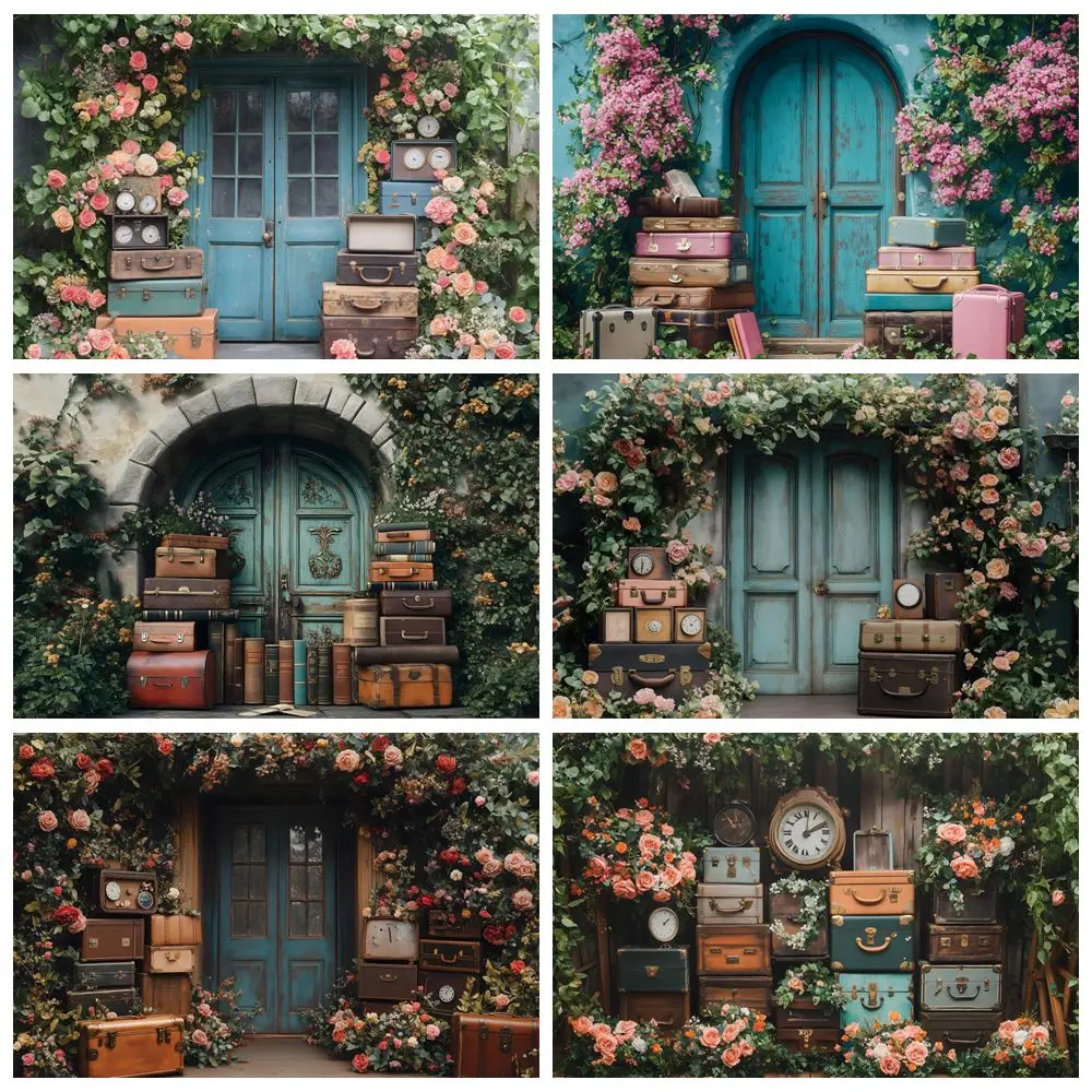 Vintage Flowers Suitcase Backdrop Bookshelf Book Rustic Wooden Door First Travel Baby Kids Birthday Party Photography Background