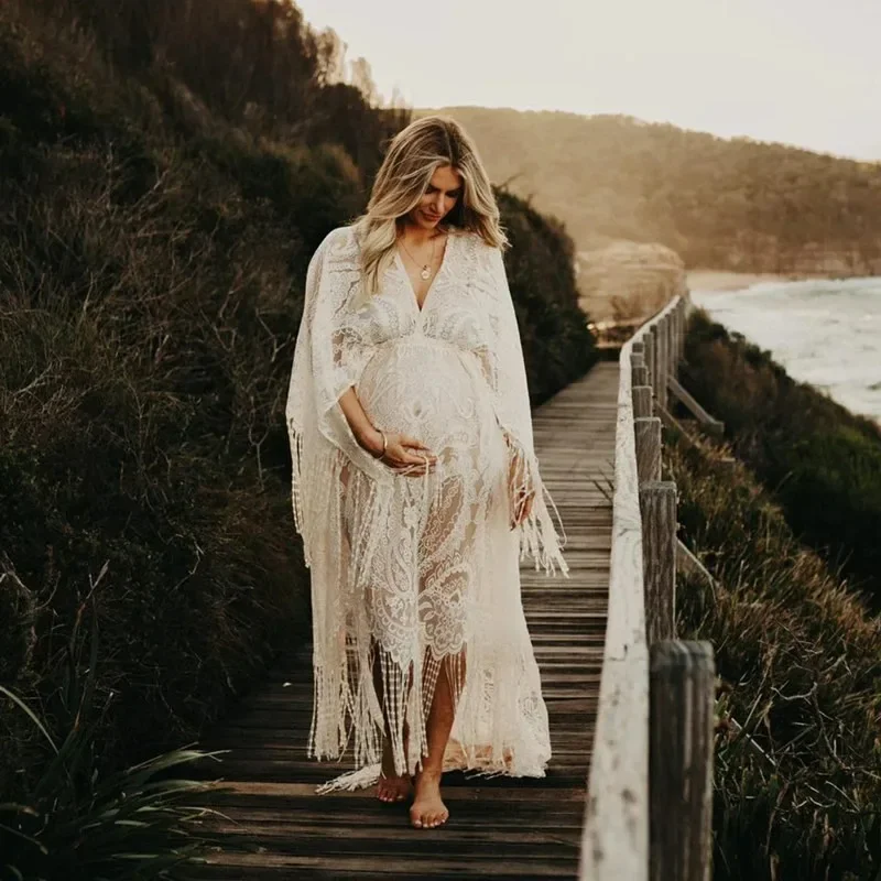 Boho Lace Tassel Robe Maternity Dress Photography Props Maxi Long Gown Photo Shoot Dress Pregnant Women Baby Shower Gift