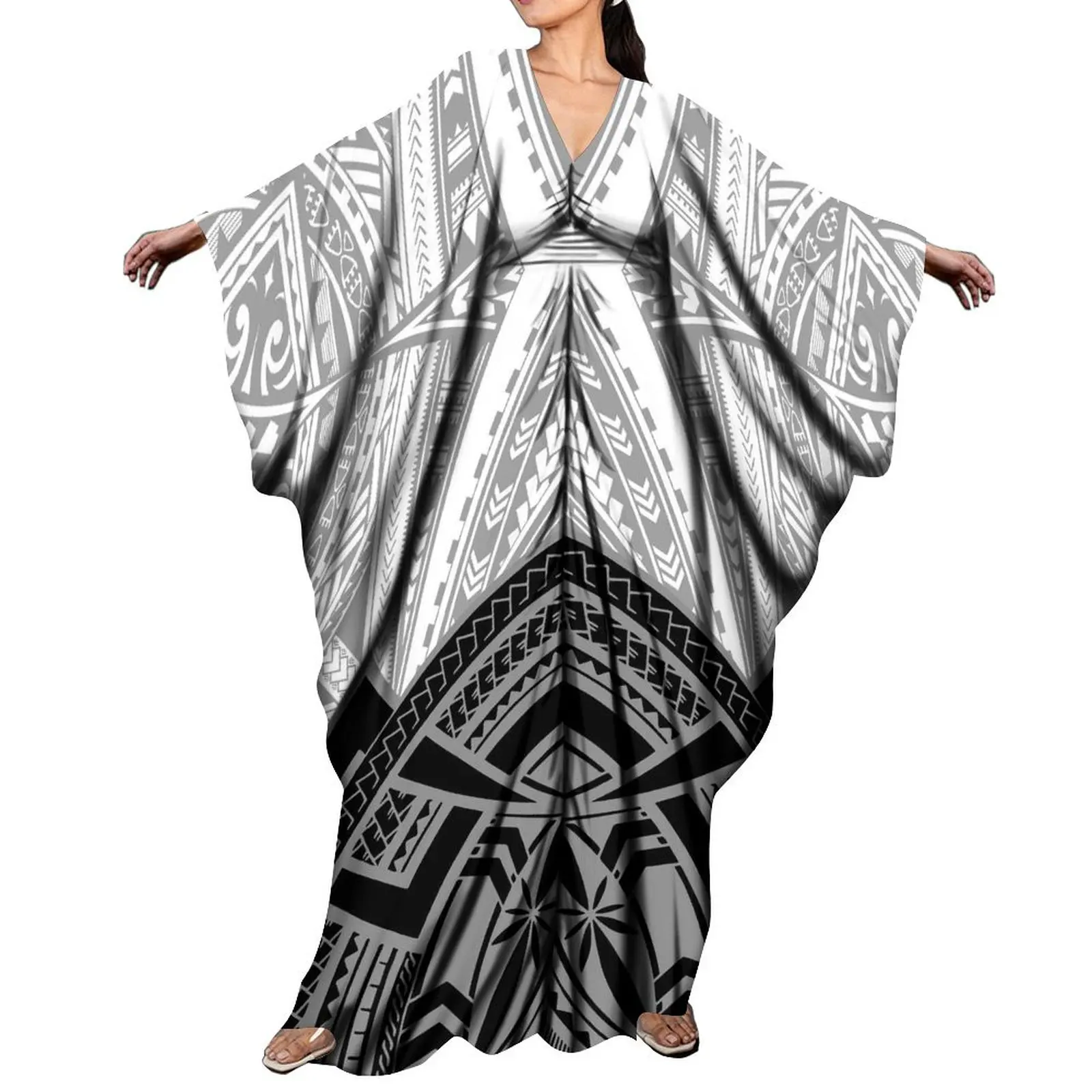 

Custom Women'S Long-Sleeved Dress Polynesian Tribe Designed Dinner Party Bat-Sleeved Floor-Length Dress