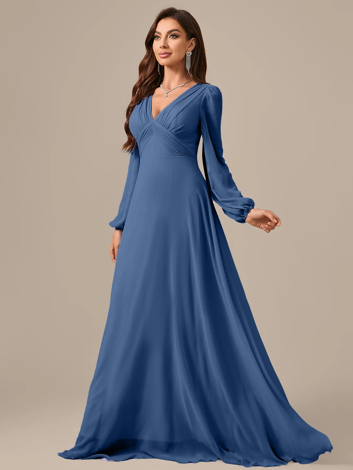 Sukienka wizytowa UNITHORSE z dekoltem w serek, długim rękawem, marszczeniem z przodu, z liliowego szyfonu, sukienka dla druhny, sukienka dla panny młodej