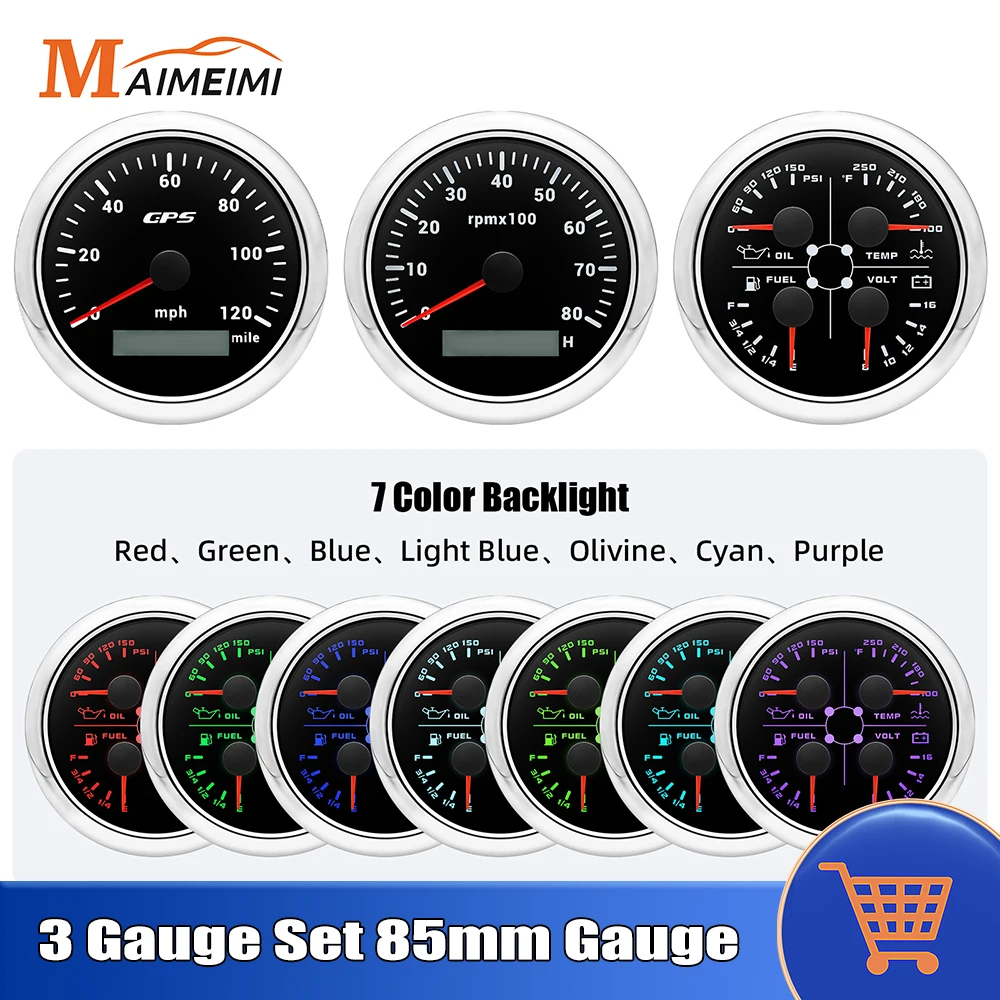

AD 3 Gauge Set 85mm GPS Speedometer With Antenna +Tachometer +4 in 1 Oil Pressure Water Temp Fuel Level Volt Meter For Car Boat