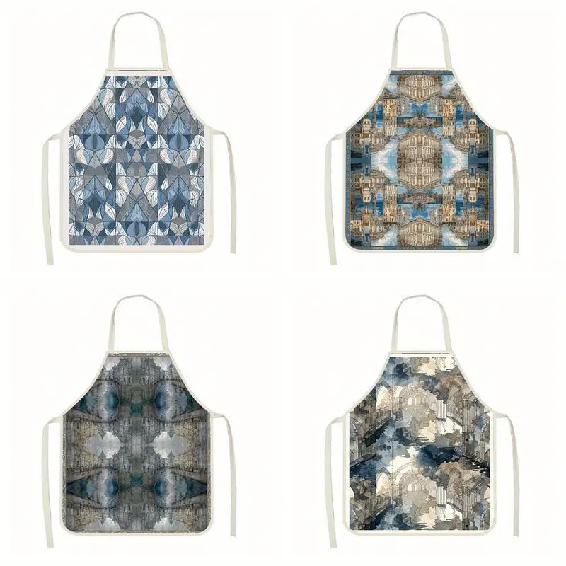 

Geometric & City Prints Linen Apron, Suitable For Kitchen Cooking, Parent-Child Interaction, Painting And Other Scenarios