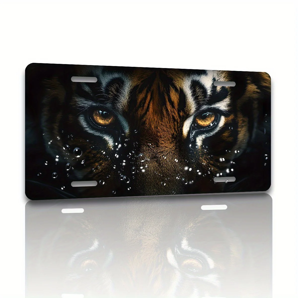 Majestic Tiger Face Glowing Amber Eyes Dark Wildlife Water Droplet Art Style 2D Flat Printed License Plate Aluminum Metal Painti