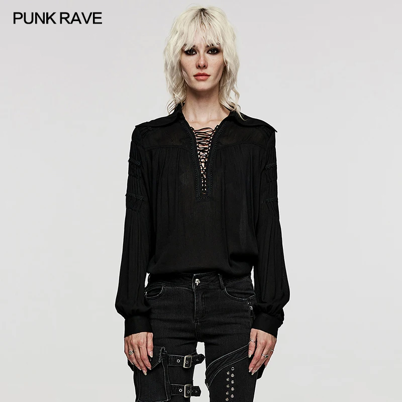

PUNK RAVE Women Cool Goth Black Lace Up Front Blouse Loose Long Sleeve Sheer Cotton Shirt WY1526