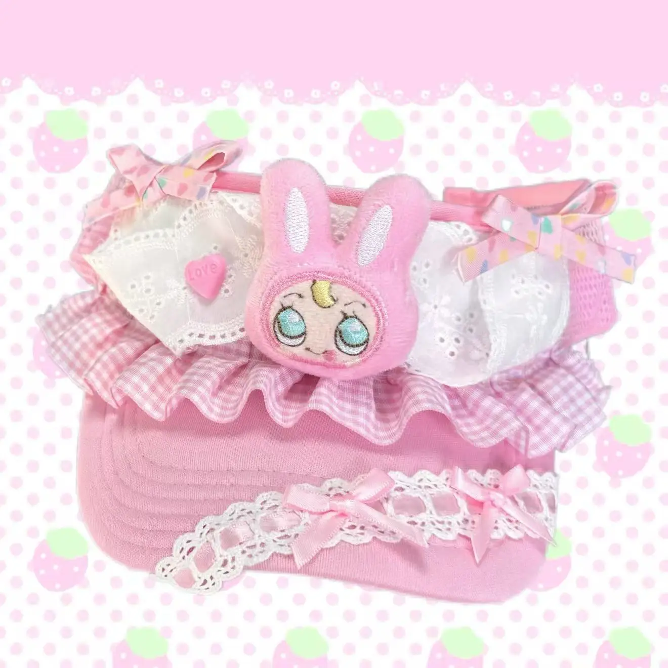 Japanese Cartoon Mp Strawberry Rabbit Jojifuku Y2k Accessories Pink Hat Cute Bow Subculture Sweet Girl Adjustable Visor Cap