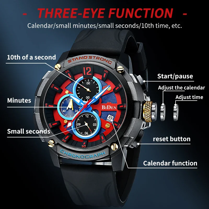 BIDEN Top Brand Original Fashionable Men's Watch Multi functional Silicone Tape Quartz Watch Waterproof Night Light Calendar Men