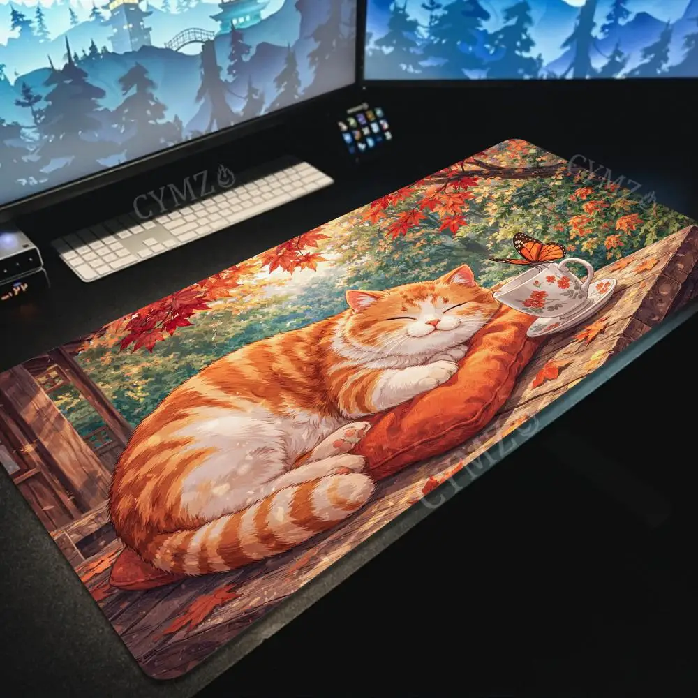 

Коврик для мыши с осенним пейзажем и оранжевым котом, нескользящий игровой коврик, аксессуары для ПК, коврик для клавиатуры и мыши, офисный коврик