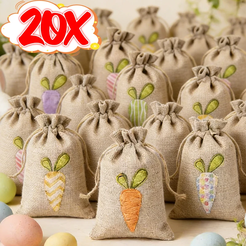 1/20Pcs Easter Drawstring Linen Bags Carrot Burlap Treat Candy Gift Bags Cookie Snack Packing Pouch Decor Party Favors Supplies