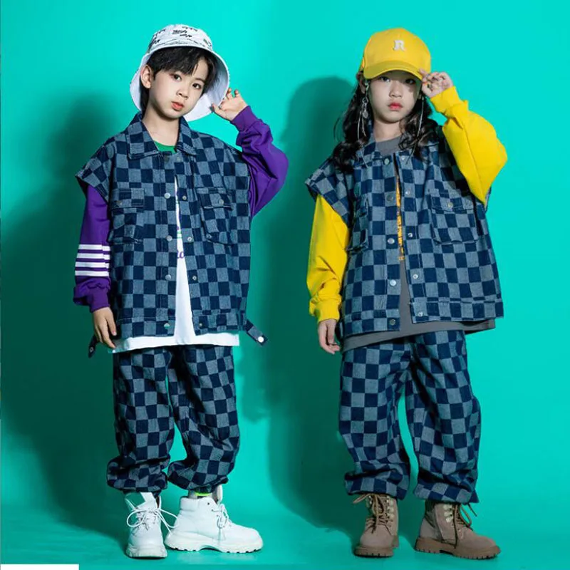 Kids Showing Kpop Outfits Hip Hop Clothing Checkered Denim Jacket Vest Joggers Pants For Girl Boy Jazz Dance Costume Clothes