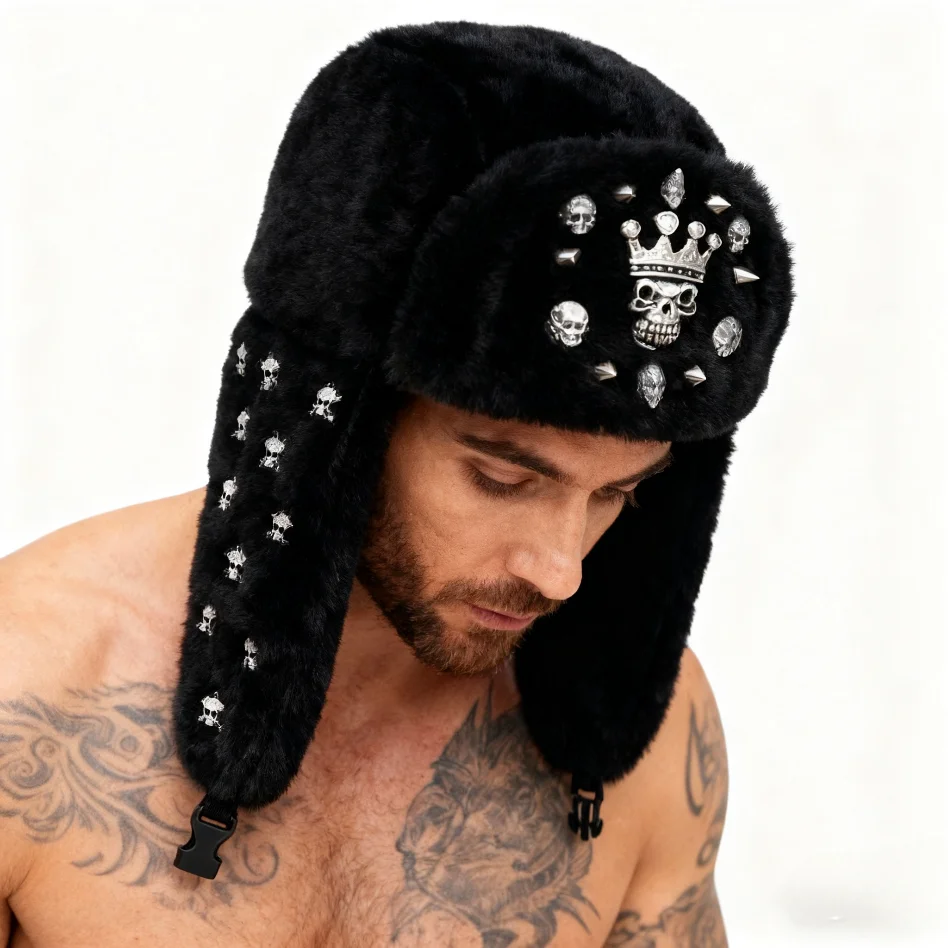 European and American Street Fashion Personalized Diamond-Encrusted Metal Skull-Decorated Aviator Hat, Unisex, Suitable for All Seasons, Hip-Hop Rock Style Trapper Hat