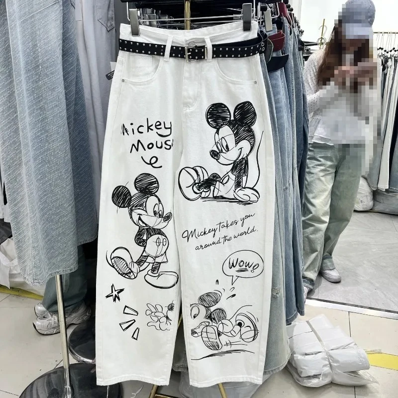 

Disney 2025 New Fashion Cartoon Print Vintage Straight Leg Jeans Women High Waist Slim Fit Loose Wide Pants