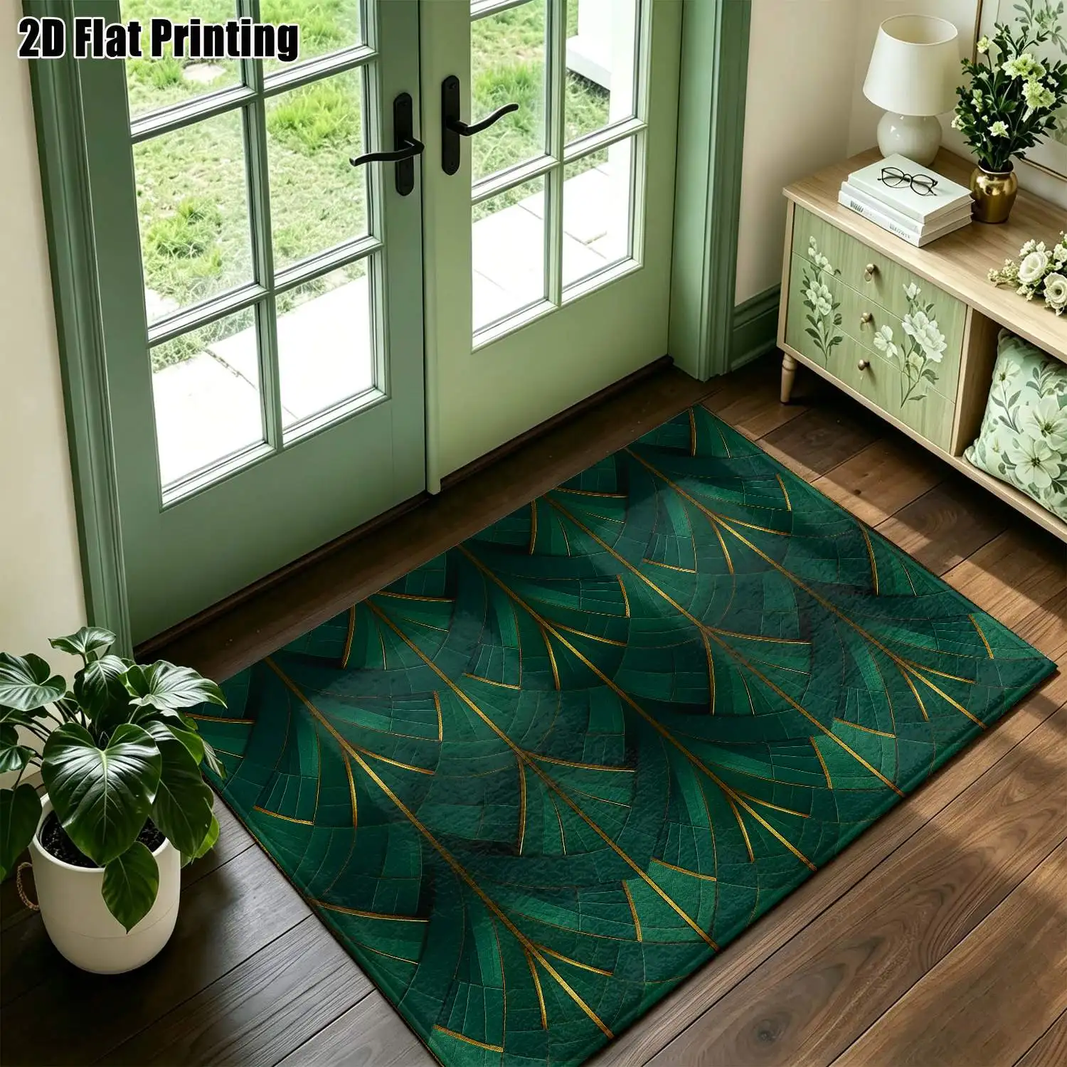 1Pc 2D Printed Carpet: Dark Green Geometric Line Pattern, Nordic/Instagram-Inspired, Modern Minimalist Retro European Style, Machine Washable, Multi-Size, Suitable for Home Decor, Entrance/Dining/Foyer/Study/Living Room
