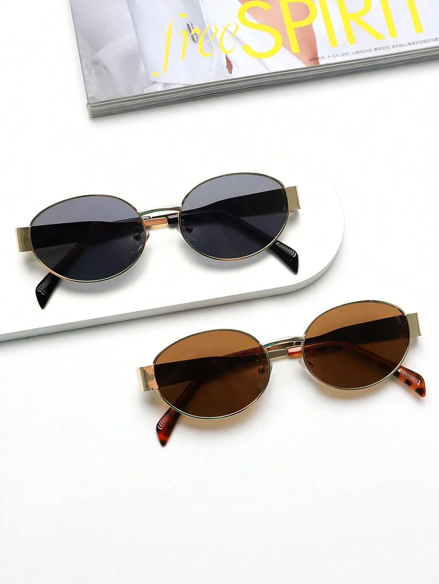 

2 Pcs Oval Metal Sunglasses For Women Summer Beach Outdoor Travel Accessories