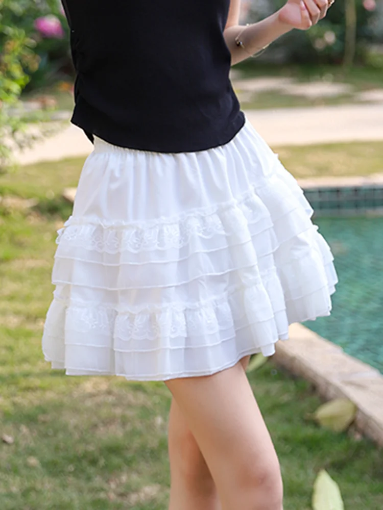 

Summer White High Waist Slim Lace Ball Gown A-line Short Skirt Summer Sweet Romantic Multi Layered Flully Cake Skirt A30