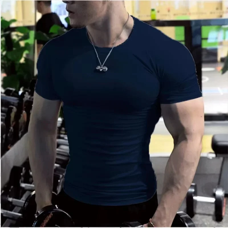 Men's Summer Compression T Shirt Solid Color Breathable Quick Dry Short Sleeve Athletic Gym Running Muscle Fit Sports Tee