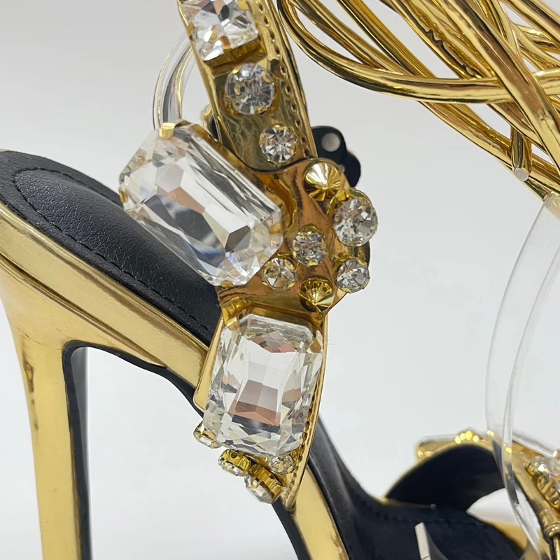 Gold Lace-Up Sandals Woman Summer Sexy Crystal Rhinestone Open Toe Wedding Party Pumps Ladies Stiletto High Heels Stripper Shoes