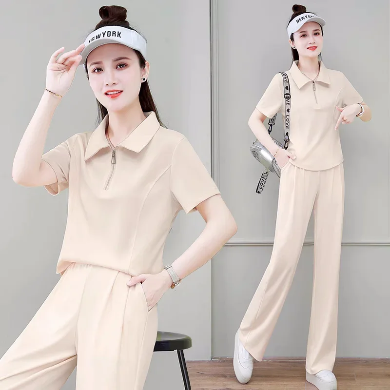

Women's Casual Korean Style Sports Suit 2025 Summer New Loose Lapel Short-sleeved Top and Wide-leg Pants 2 Two-piece Set Fashion