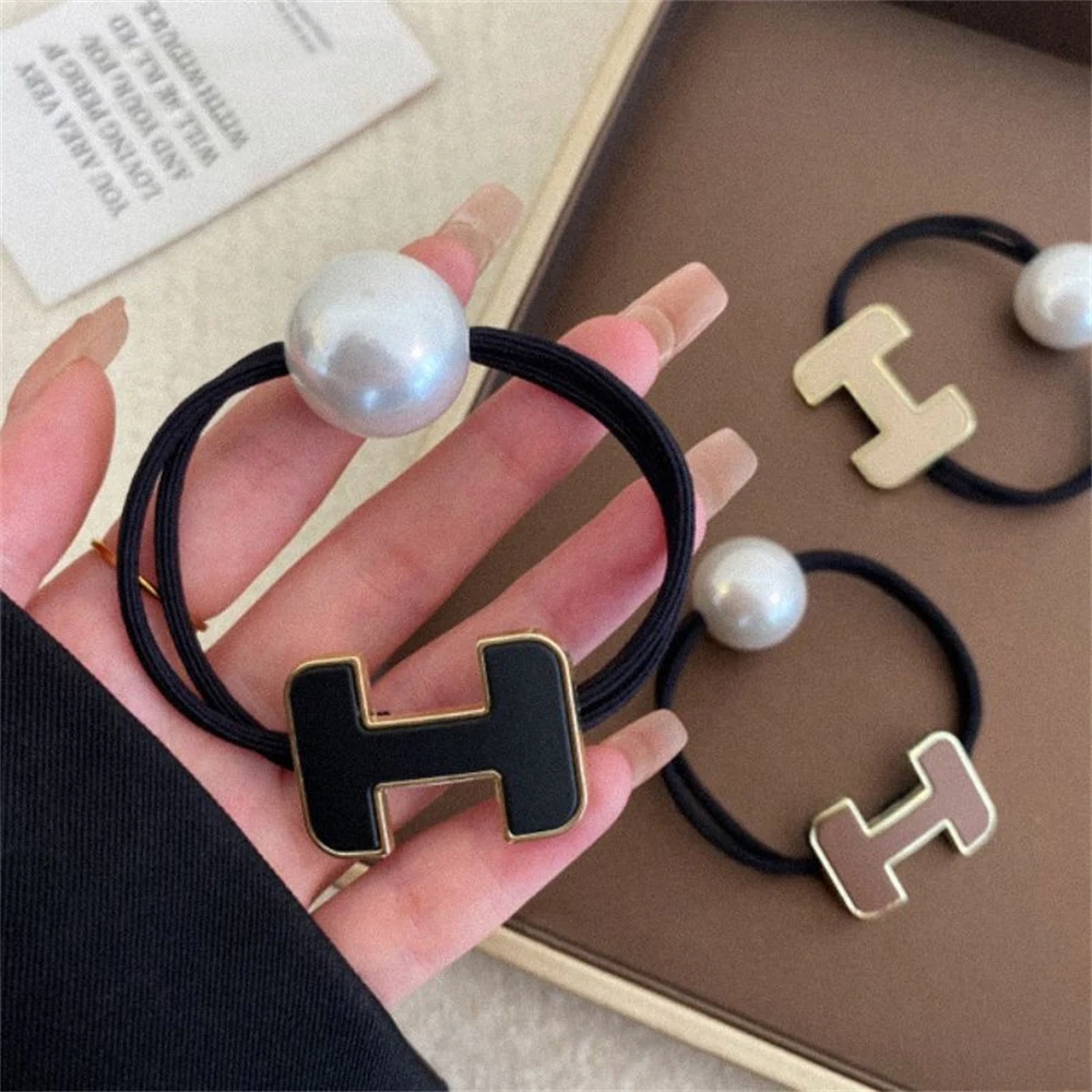 Classic Letter H Hair Ties Elegant Imitation Pearl Charms Hair Loops For Women Girls Ponytail Holder Headwear Accessories