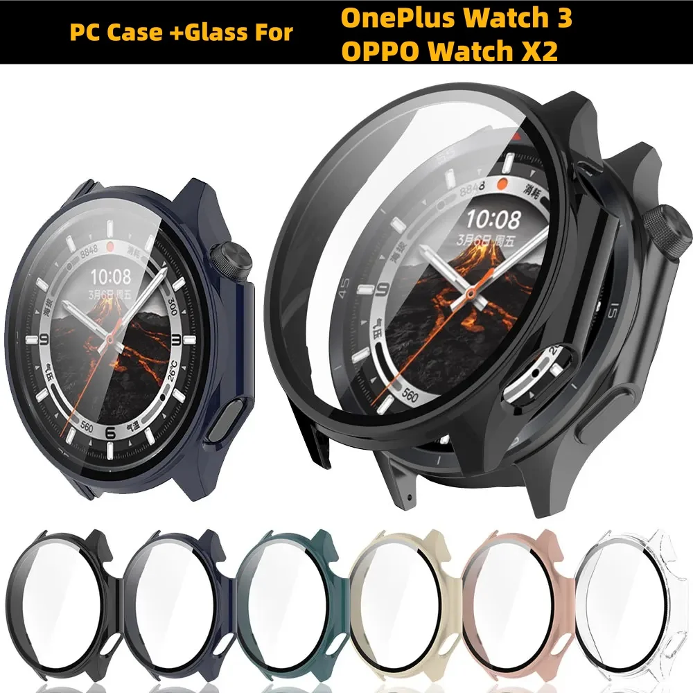 Hard PC Bumper Case with Built-in Glass Screen Protector For OnePlus Watch 3 / OPPO Watch X2