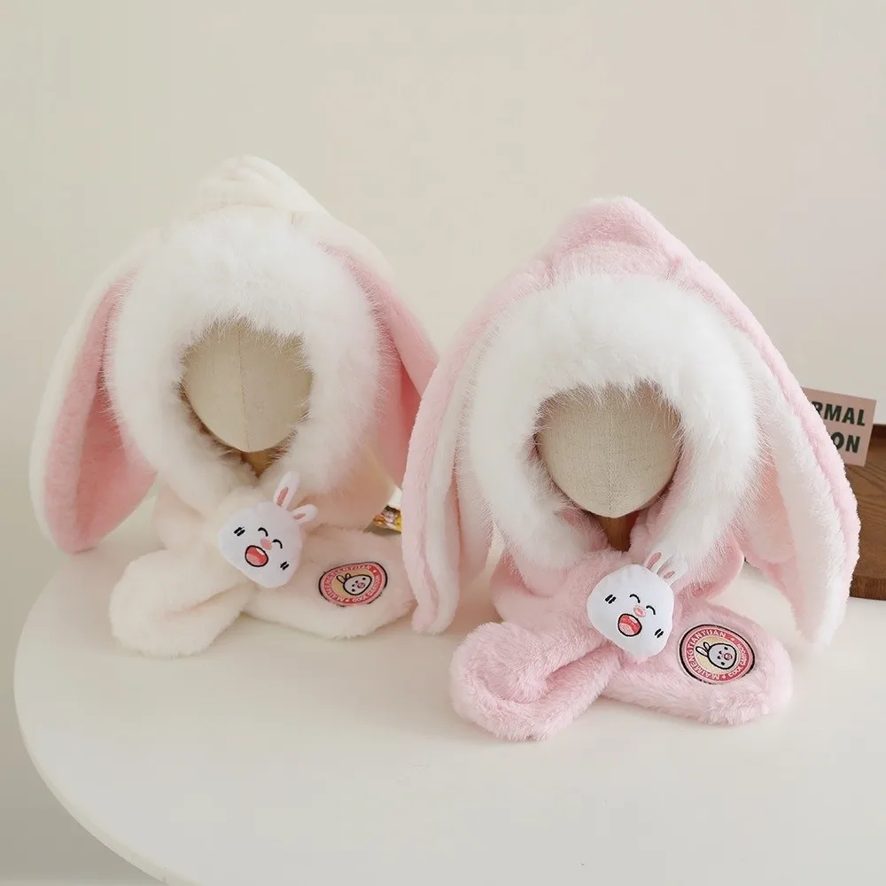 Cute Integrated Hat Scarf Set Warm Coldproof Pullover Cap Long Rabbit Ears Windproof Beanie Hat 2-12Y