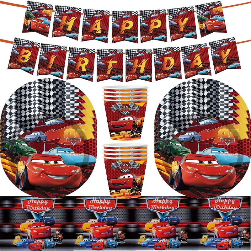 

New Disney Car Birthday Party Decor Supplies Car Party Banner Disposable Tableware Cup Plate Baby Shower Toys Decoration Set