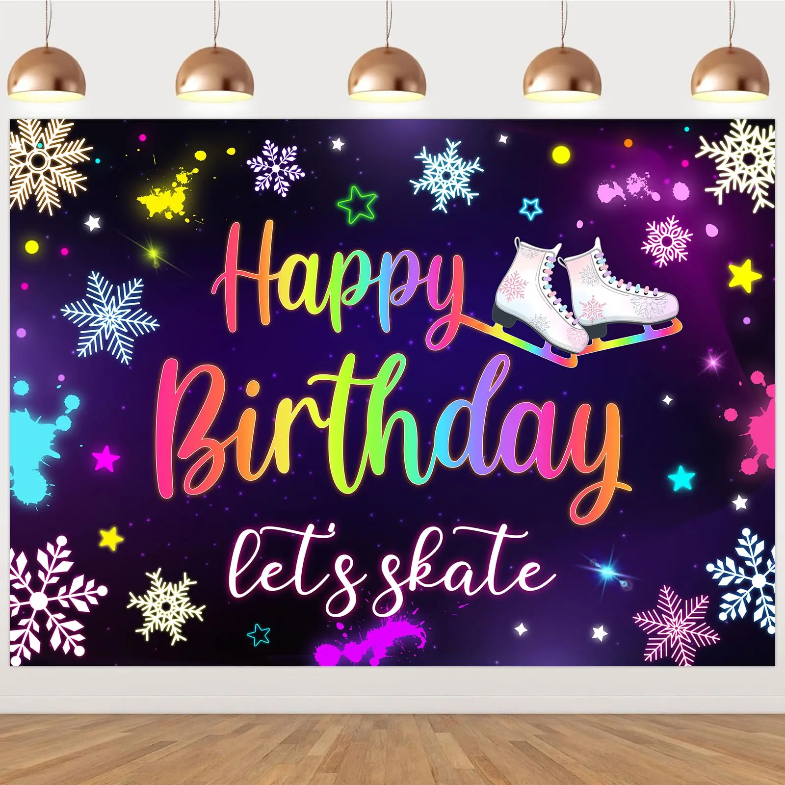

Sursurprise Neon Ice Skating Birthday Backdrop, 7x5ft Vinyl Blue and White Spot Clean Only Occasion