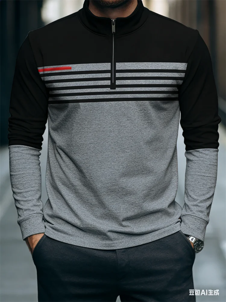 الأعمال عادية الرجال نصف البريدي الوقوف طوق قميص ثلاثية الأبعاد مخطط كتلة اللون ملابس منقوشة بكم طويل بلايز الشارع الاتجاه اليومي بلوزات #2