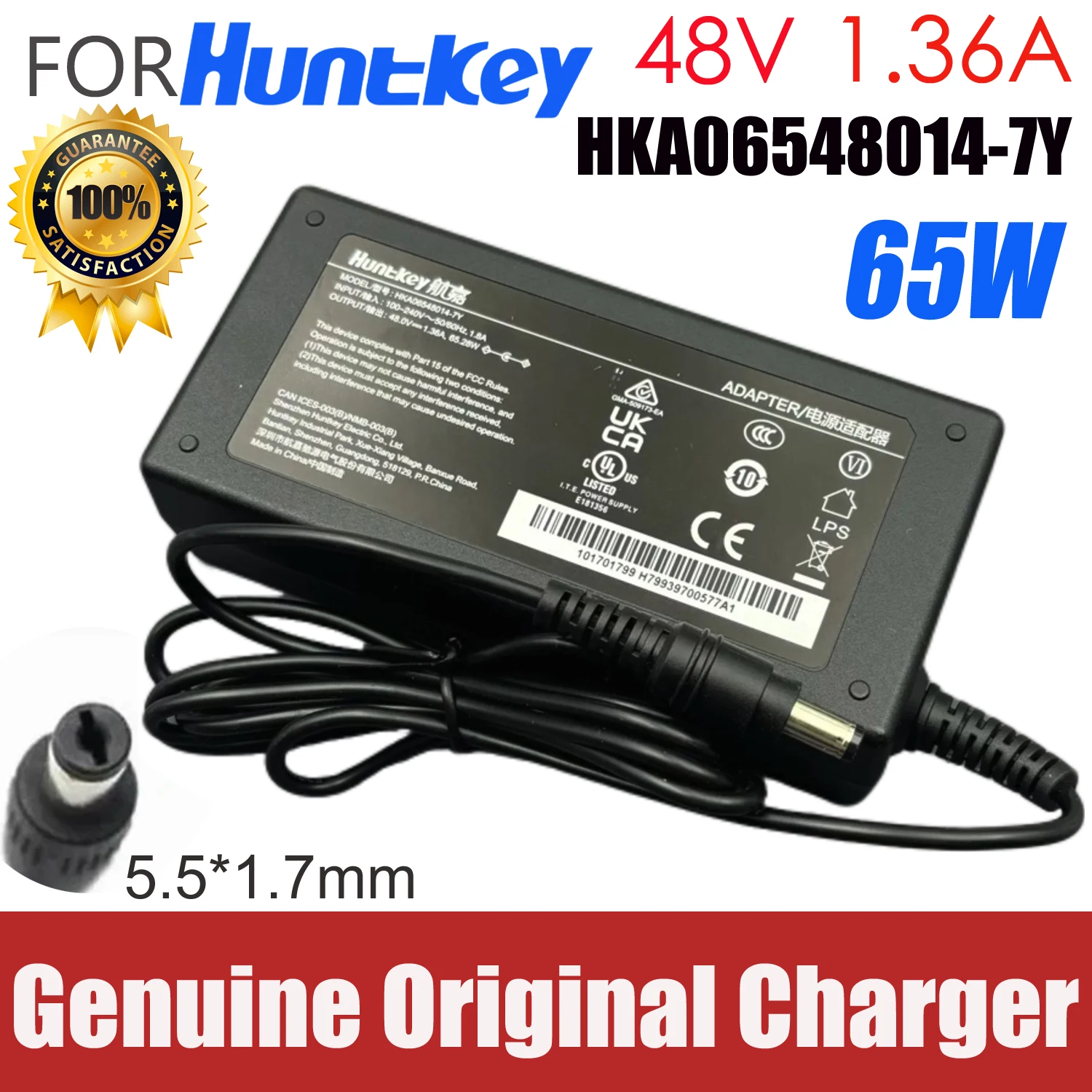 Genuine Huntkey HKA06548014-7Y Output 48V 1.36A 65W AC Adapter Charger For Hikvision POE Switch Power Supply 5.5*1.7mm