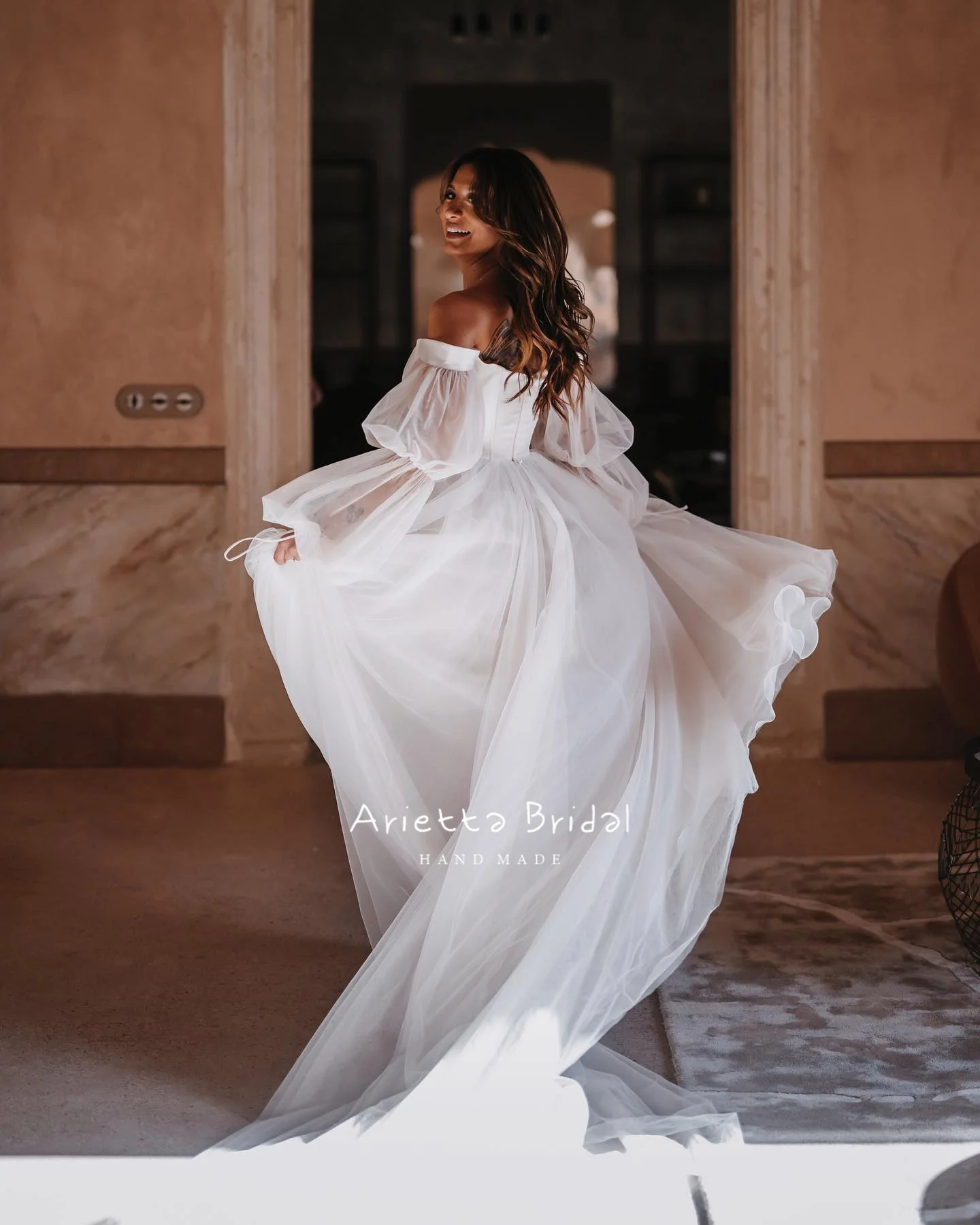 Arietta Off-the-Shoulder Beach Wedding Dresses Puff Sleeves Satin Corset Top A-Line Bridal Gowns Open Back Tulle Bride Dresses