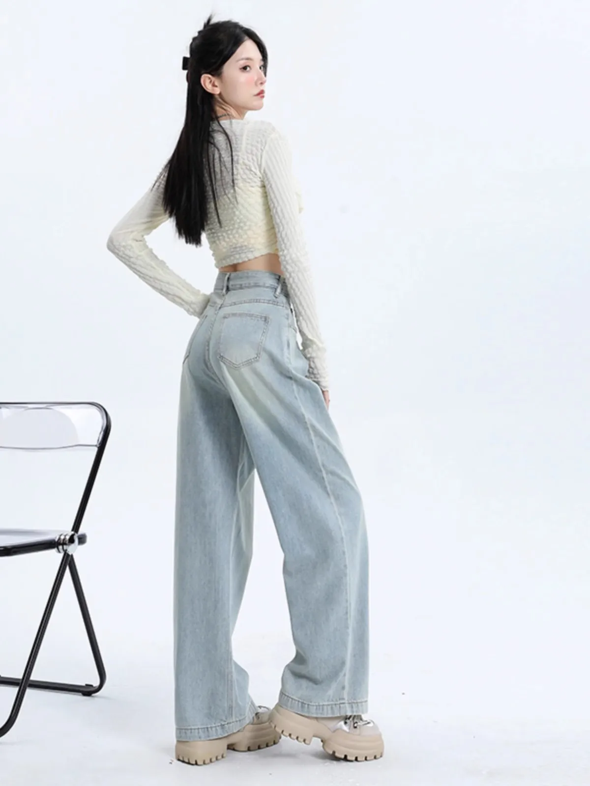 Dżinsy damskie z wysokim stanem, proste nogawki, wiosenno-jesienne, cienkie, szerokie nogawki do ziemi, codzienne, wygodne, luźny krój, denim