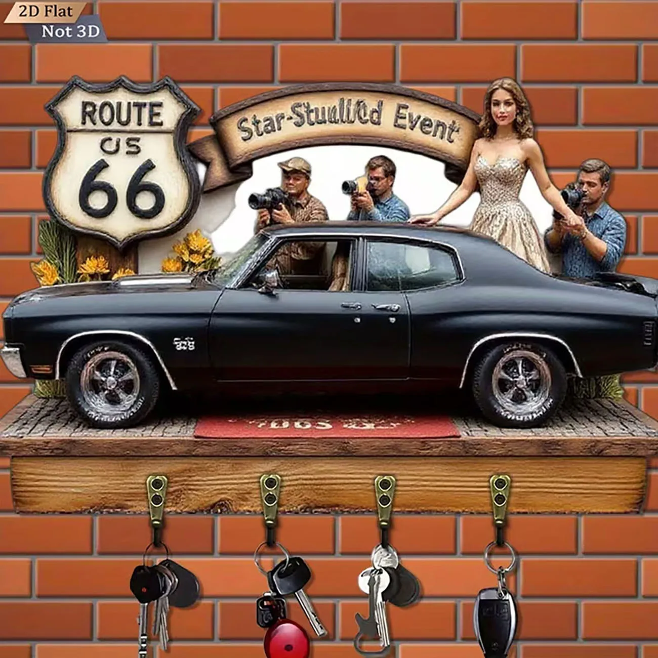 2D flat Route 66 key holder with black muscle car and star event print, four hooks, retro highway vintage wall decor.