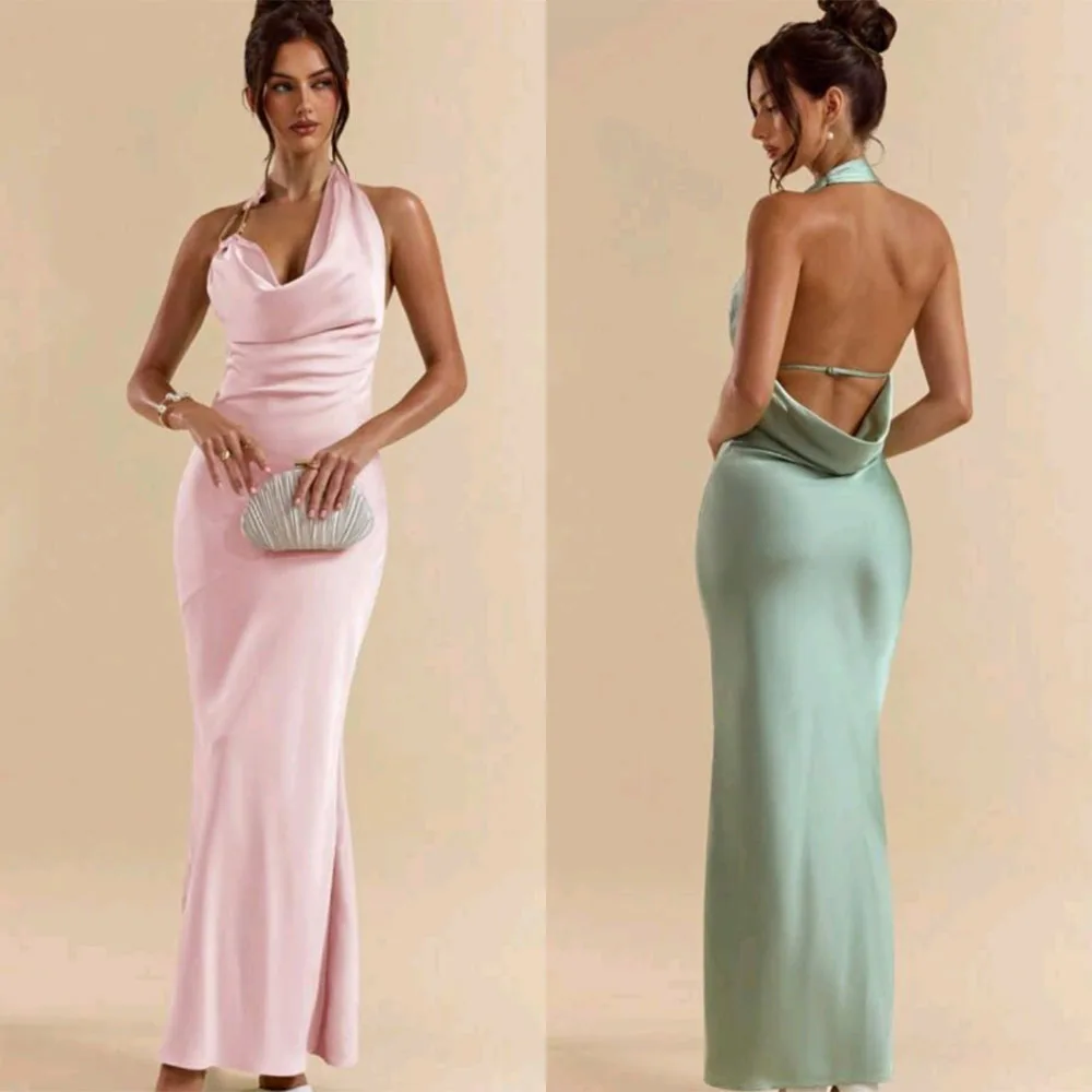 

High Quality Customized Halter Ankle Length Backless Sleeveless A-line Vestidos De Fiesta Para Bodas Evening Dresses فساتين