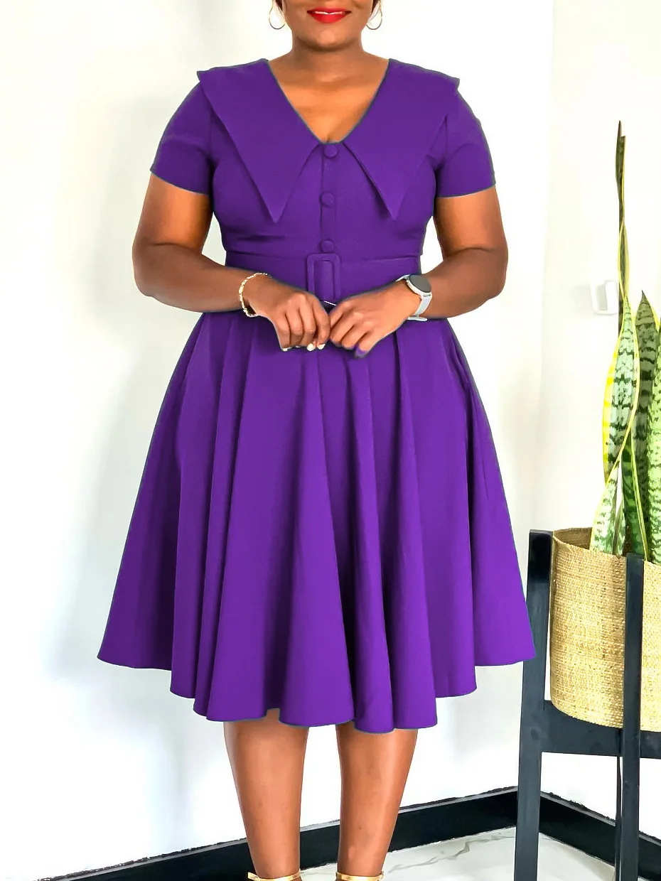 

Elegant Summer Fashion Dress for Women with Baby Collar Short Sleeves Large Stretch Hem Stylish 2025 Trend