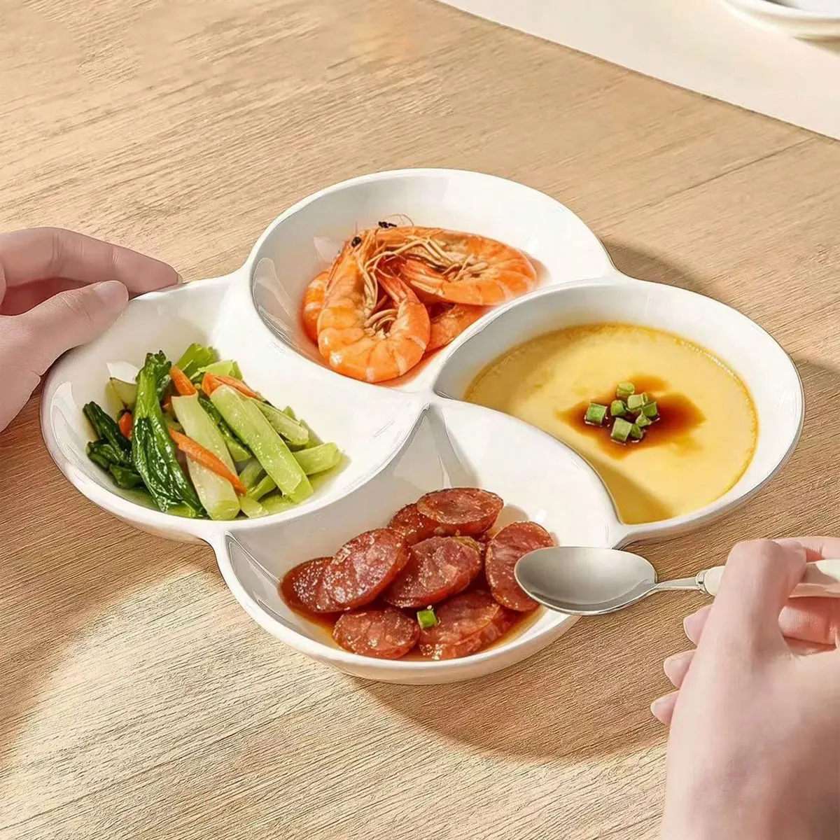 Imitation Porcelain Plastic Material Creative Four-Compartment Household Plate, Multi-Functional Plate for Steaming and Microwave Use, Breakfast Plate, 2 Pieces