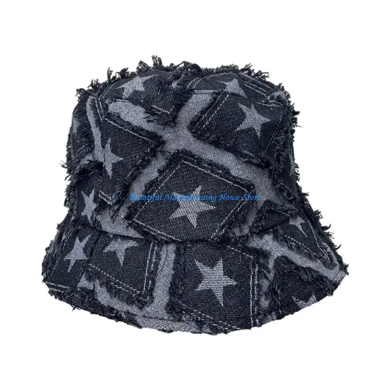 

E56A Rough Selvedge Design Star Printing Bucket Hat Summer Bucket Hat Star Pattern Fisherman Hat for Adult Teens Cloth Hat
