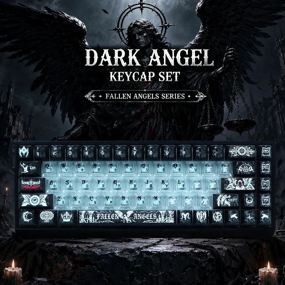 Carbon Fiber Black Angel Keycaps English Russian PC Transparent Backlit Custom Keycaps Fit 60% 75% TKL 96% Mechanical Keyboard