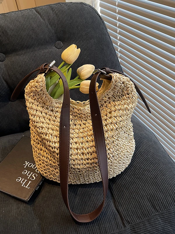 

2025 Summer New Faionable Woven Bag Beach Sand oulder Bag Soft Handle Polyester Zipper Closure Large Square ape