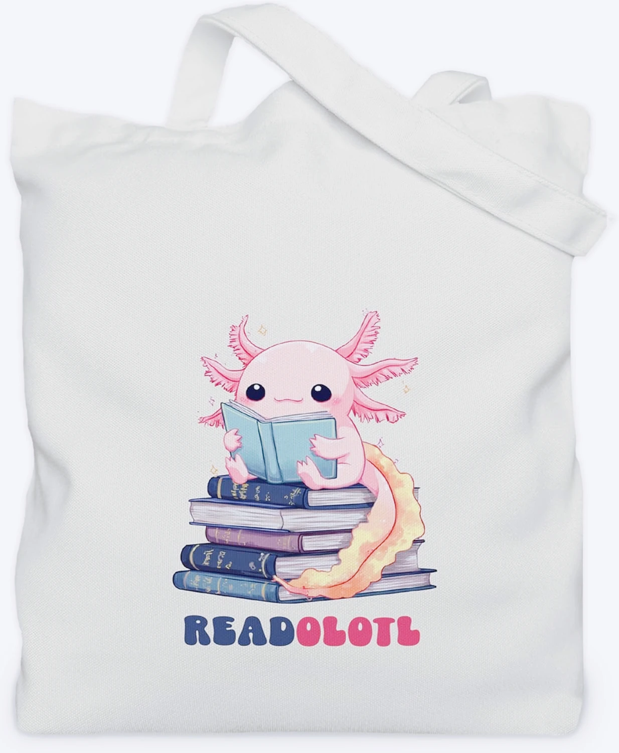 

Interesting and Cute Literary White Canvas Shoulder Bag with Pink Axolotl Reading Pile Blue Handbag for Daily Commuting Use