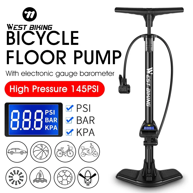 WEST BIKING Bike Floor Pump With Accurate Electronic Barometer Gauge Presta Schrader MTB Road Bicycle Pump Cycling Accessories